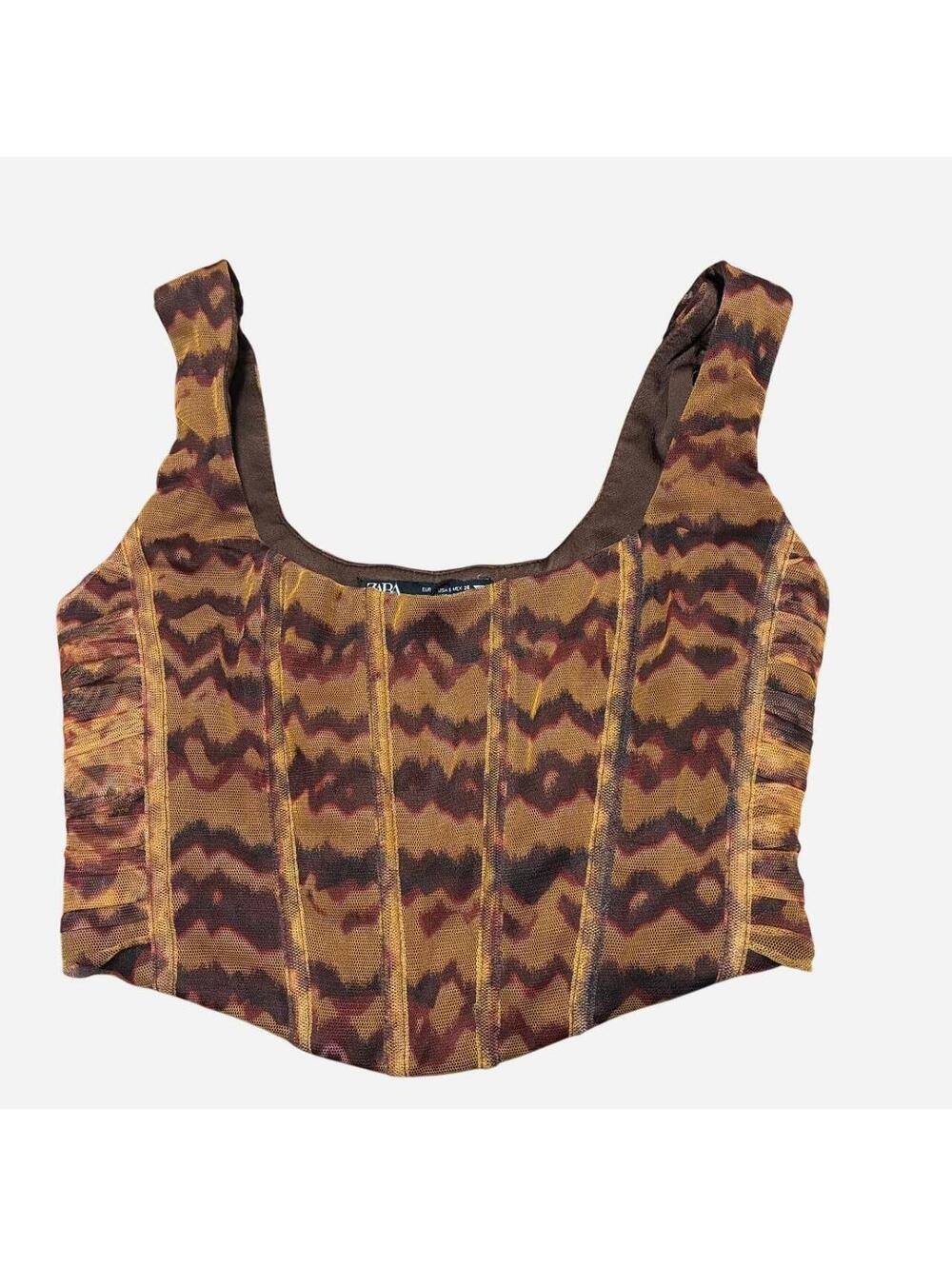 Zara Mesh Corset Top Y2K Brown Animal Print Cropped Tank small